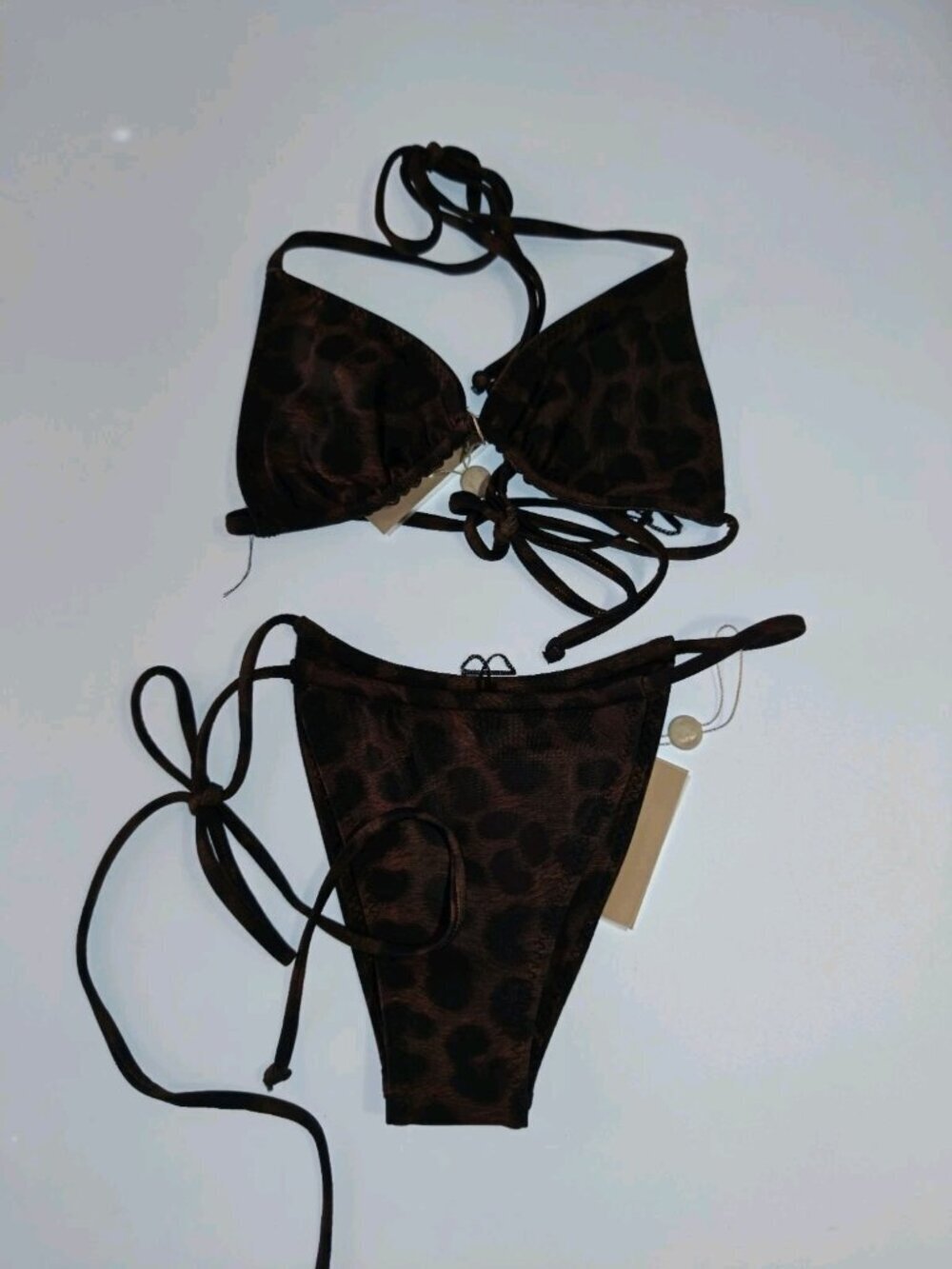 SAME Los Angeles Bikini Set XS Brown Leopard Triangle Top High Cut Bottom NWT